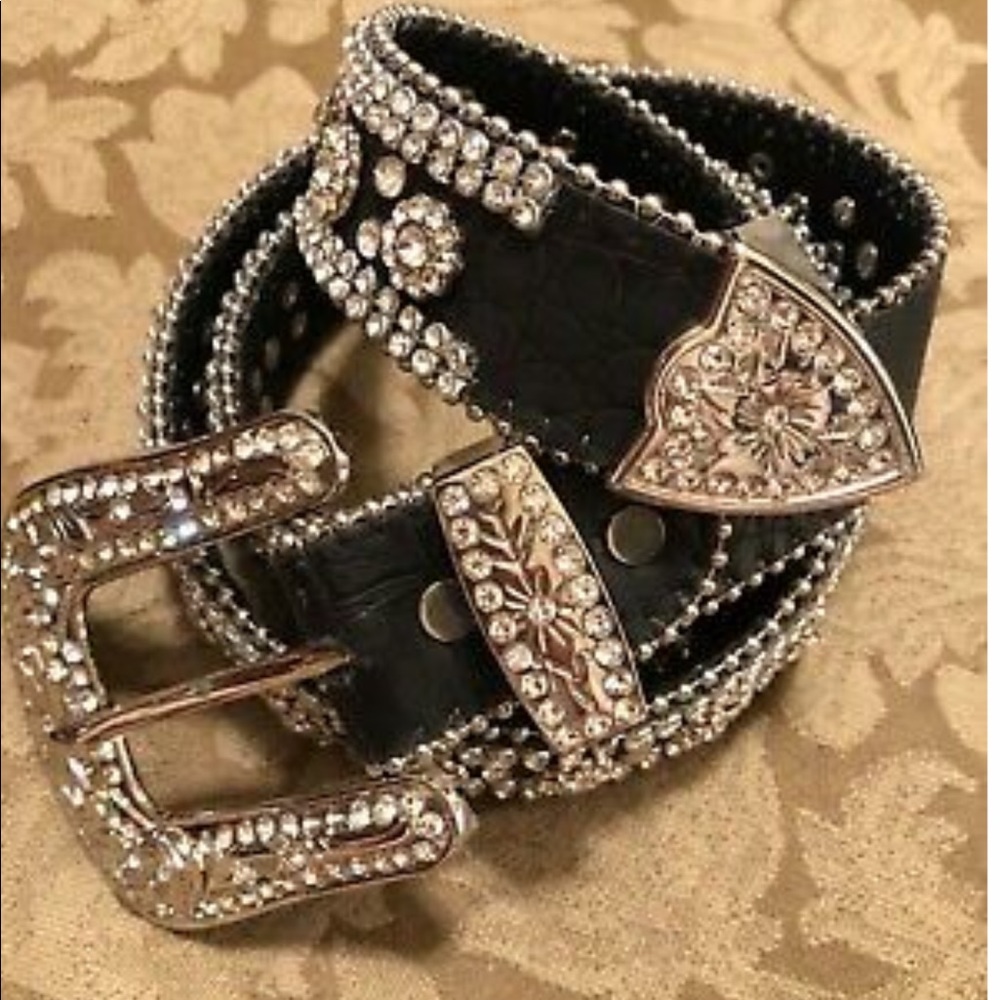Black Crystal Embellished Belt - Sz L